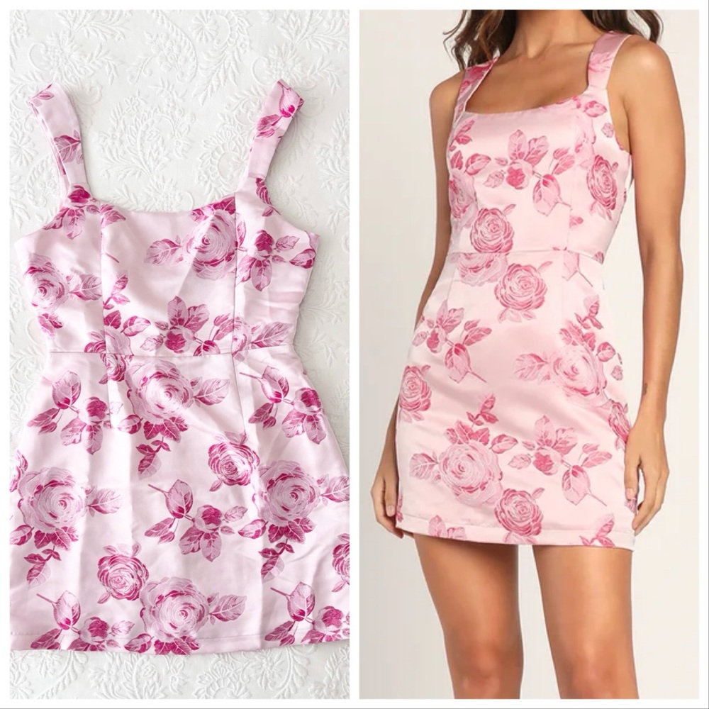 NWOT Lulus Brighter Side Pink Floral Satin Jacquard Mini Dress Medium